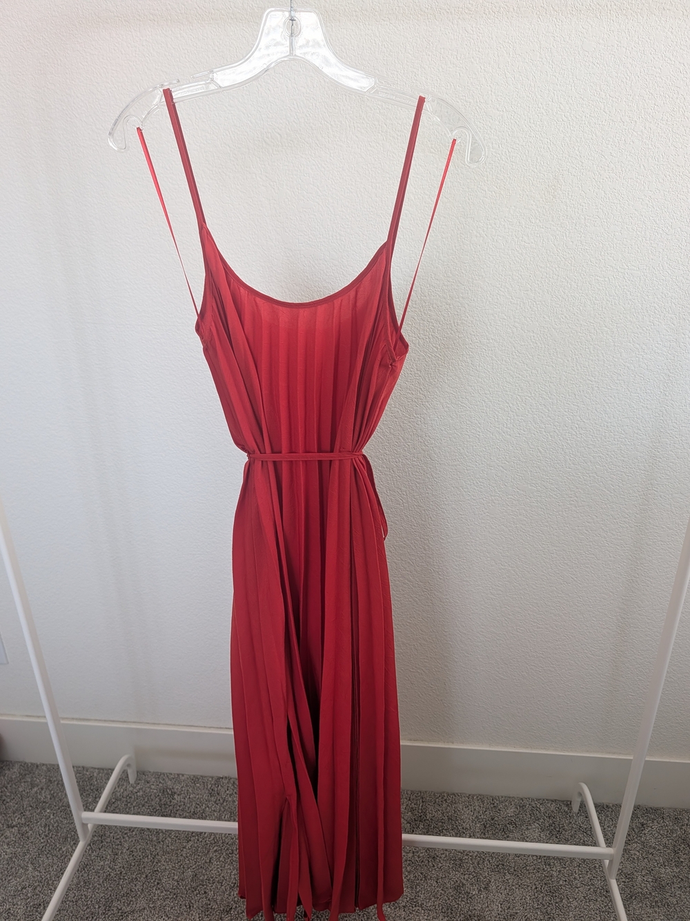 Mango Red Pleated Maxi Dress with Spaghetti Straps